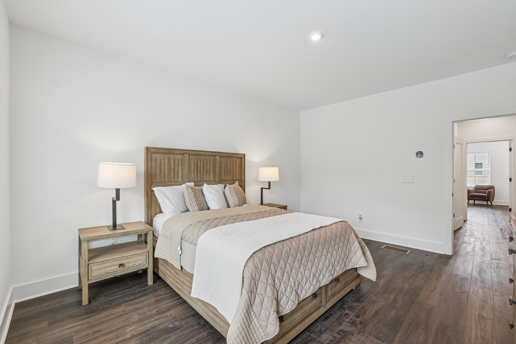 Spacious bedroom in pet-friendly townhomes at Henley Avondale in Avondale Estates, GA.