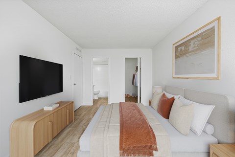 A modern bedroom with a large bed and a flat screen TV.