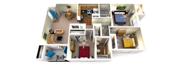 A 3D rendered image of a house layout.