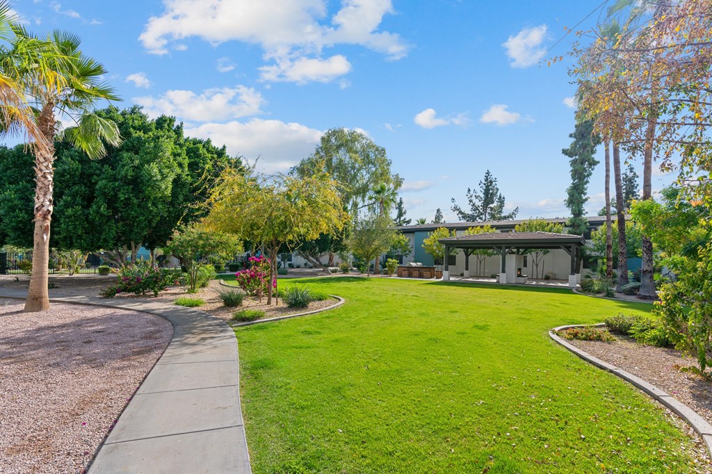 Lush, professionally maintained landscaping at Sono Tempe, a pet-friendly community in Tempe near downtown Tempe, AZ, featuring vibrant greenery and manicured grounds.