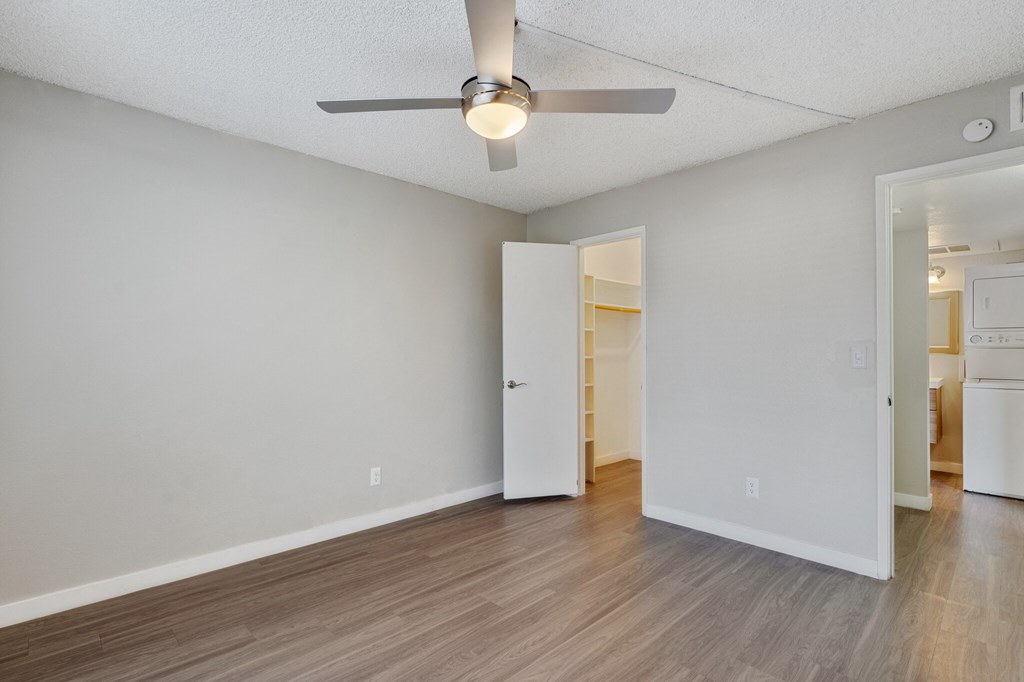 Bedroom with ceiling fan at Sono Tempe, a pet-friendly community in Tempe near downtown Tempe, AZ.