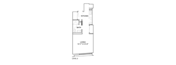 A drawing of a floor plan for a two-story apartment with a living room, kitchen, and bathroom.