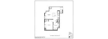 A black and white image of a floor plan for a one bedroom apartment.