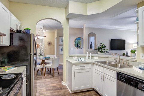 A kitchen with a black fridge and a white counter top.