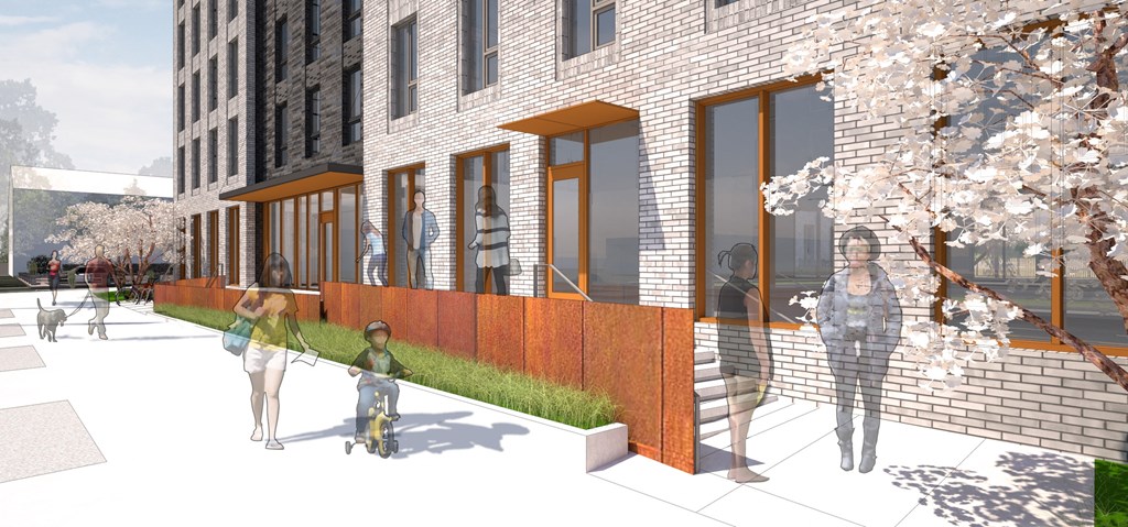 a rendering of a building with people walking in front of it