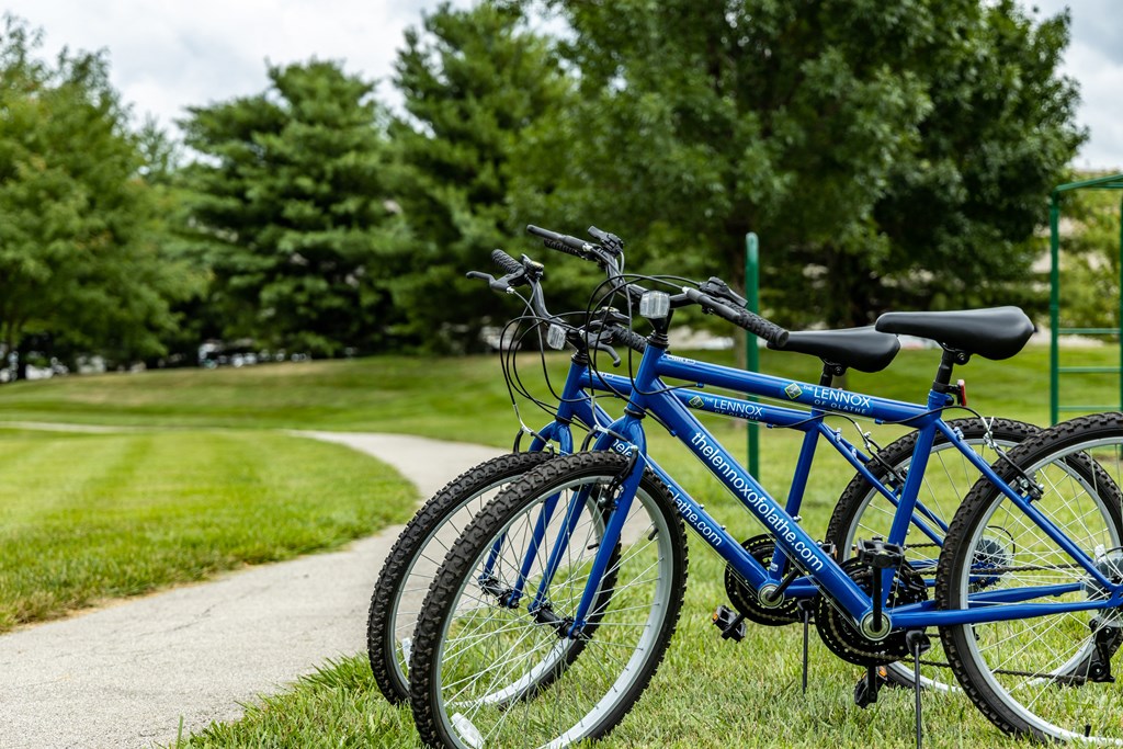 a pair of bikes parked in a park