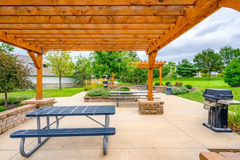 a picnic area with a table and a grill