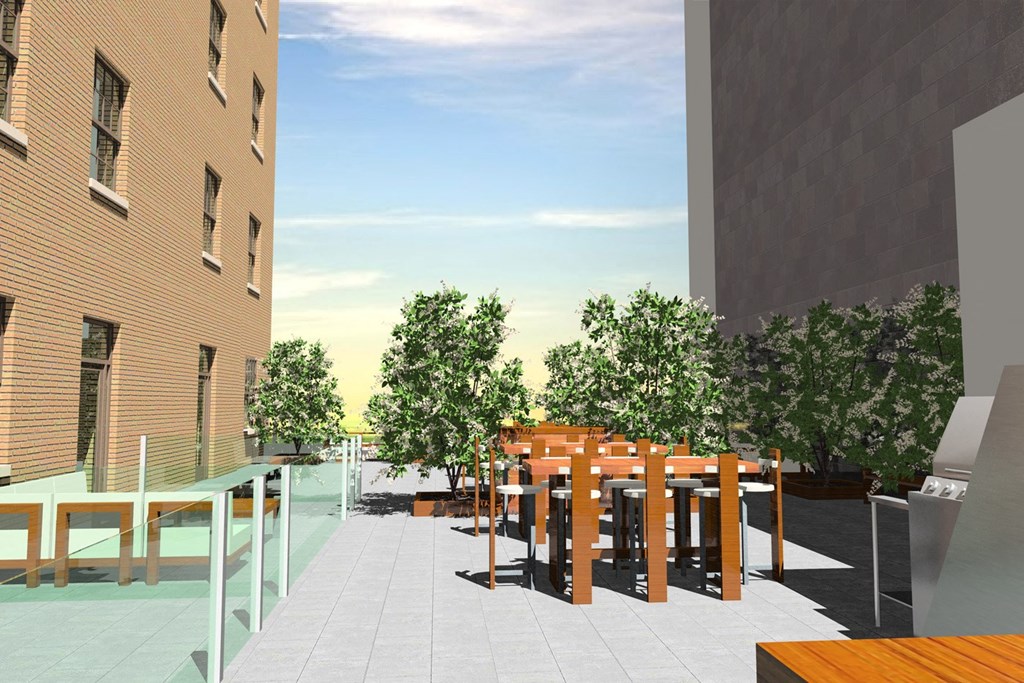 a rendering of a terrace with tables and trees