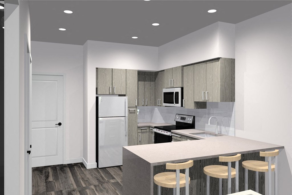 a rendering of a kitchen with a bar and stools