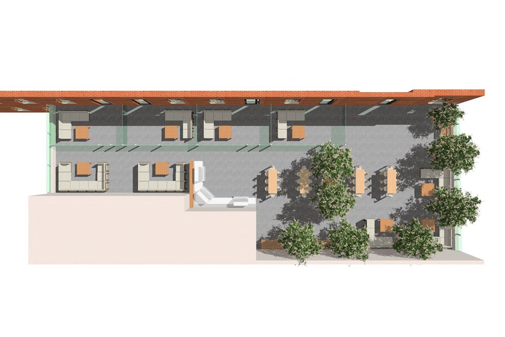 a plan of a house with a roof and plants