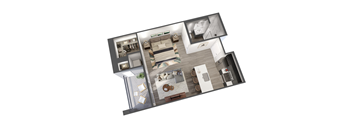 A 3D floor plan of a house with a kitchen, living room, and bedrooms.