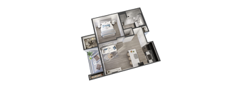 A 3D floor plan of a house with multiple rooms.