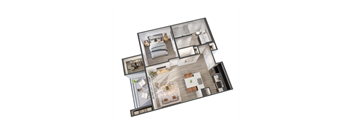 A 3D floor plan of a house with a living room, kitchen, and two bedrooms.