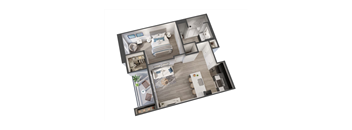 A top-down view of a house interior with a kitchen, living room, and bathroom.