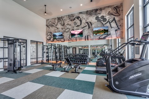 a gym with weights and cardio machines and a mural on the wall