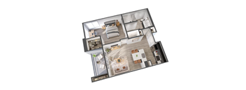 A 3D floor plan of a house with a living room, kitchen, and two bedrooms.