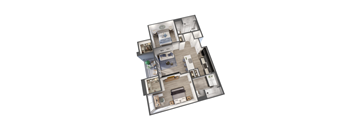 A 3D rendered image of a house layout.