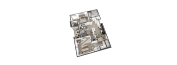 A 3D floor plan of a house with multiple rooms.