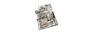 A 3D floor plan of a house with multiple rooms.