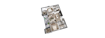 A 3D floor plan of a house with multiple rooms.