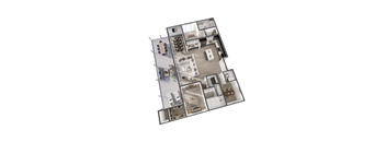 A 3D floor plan of a house with multiple rooms.
