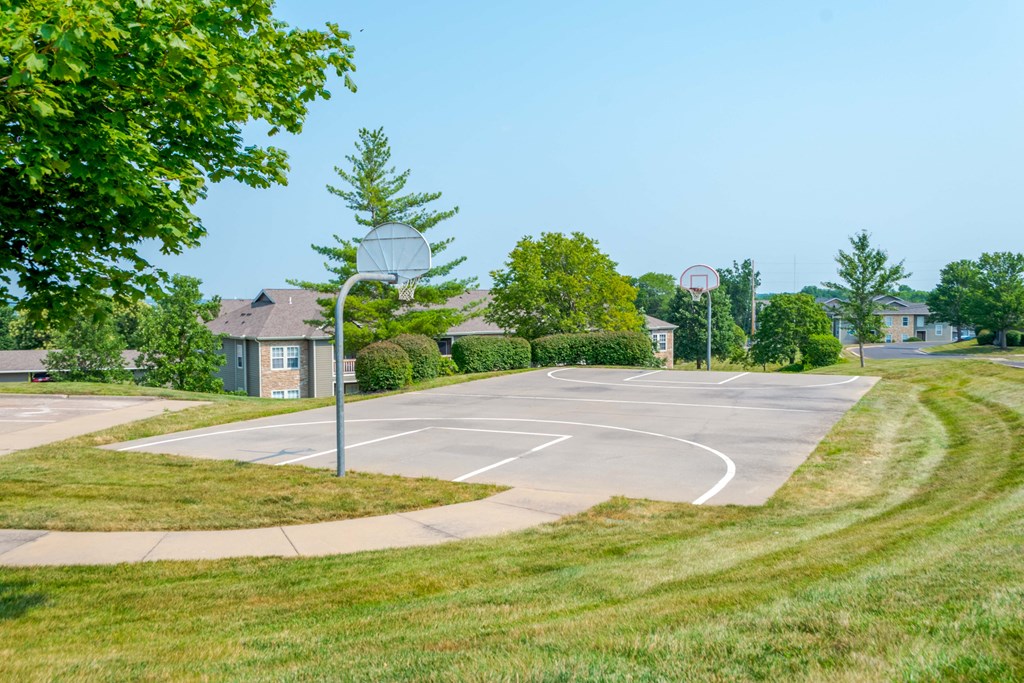 a basketball court in a neighborhood with trees and houses