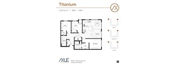 A floor plan for a Titanium apartment shows four levels with various rooms and measurements.