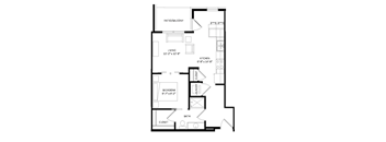 A black and white image of a floor plan for a home with a living room, kitchen, bedroom, bathroom, and laundry area.