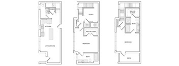 Three floor plans of a house with a living room, kitchen, study, bedroom, and bathroom.