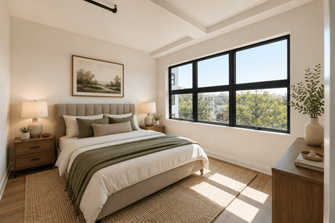 A bedroom with a large bed and a painting on the wall.