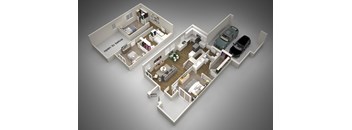 A 3D floor plan of a house with a kitchen, living room, bedrooms, and a garage.