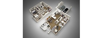 A 3D floor plan of a two-bedroom apartment.