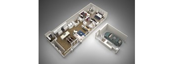 A 3D rendered image of a two-bedroom apartment with a car.