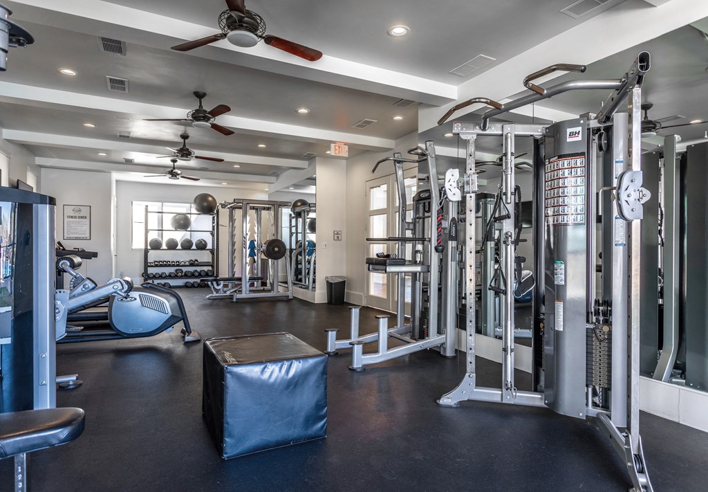 Studio Apartments in Rowlett, TX - Village of Rowlett - Fitness Center with Weights, Strength Training Machines, Ceiling Fans, Large Mirrors, and Windows.