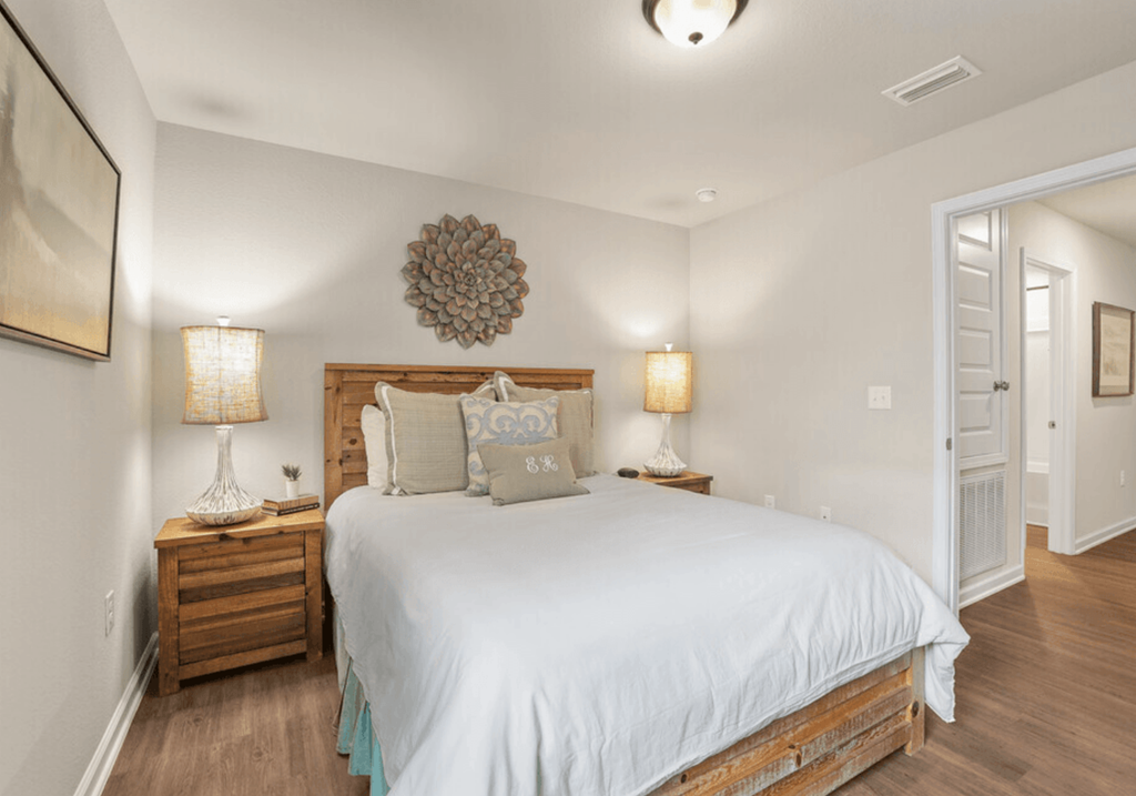 a bedroom with a bed and two lamps