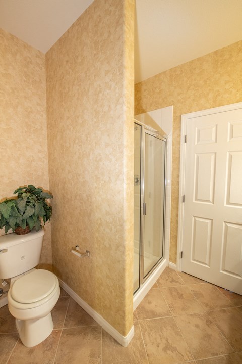 a bathroom with a toilet and a shower and a potted plant