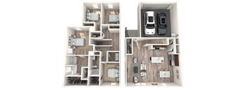 A 3D floor plan of a house with two bedrooms, a living room, a kitchen, and a garage.