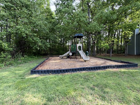 A playground with a slide and a swing set in a grassy area.