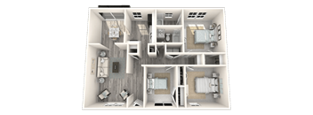 A 3D floor plan of a house with multiple rooms and furniture.