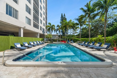 Resort-style swimming pool with sundeck at Wilton Tower pet-friendly apartments in Wilton Manors, FL.