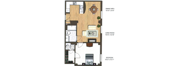 A floor plan of a small apartment with a living room, dining area, and bedroom.
