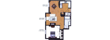 A floor plan of a house showing a dining area, living room, and bedroom.