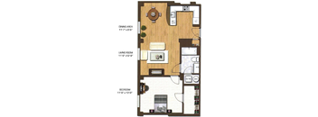 A floor plan of a small apartment with a living room, dining area, and bedroom.