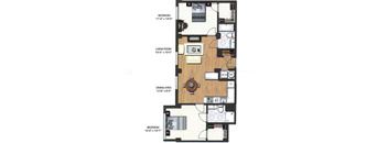 A floor plan of a small apartment with a living room, dining area, and two bedrooms.