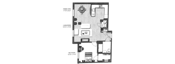 A black and white image of a floor plan for a home with a dining area, living room, and bedroom.