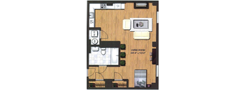 A living room floor plan with a sofa, coffee table, and kitchen area.