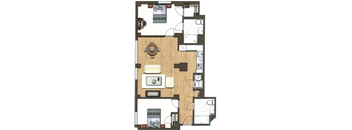 A floor plan of a house with a kitchen, living room, and two bedrooms.