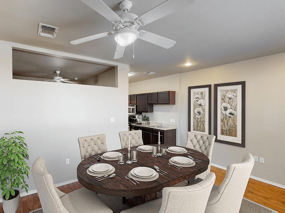 Kitchen and dining area in apartment