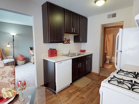 a kitchen with a stove refrigerator and a sink