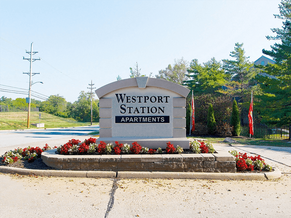 welcome sign for Westport Station Apartments